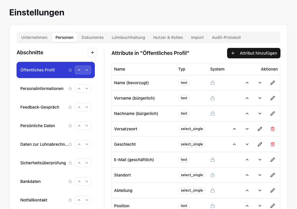Einstellungen für Abschnitte und Attribute der Personalakte mit Typ, Systemkennzeichen und Sortierung