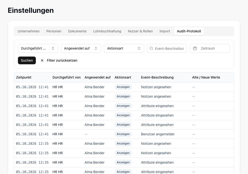 Audit-Protokoll mit Filtern sowie Einträgen zu Zeitpunkt, durchführender Person, betroffener Mitarbeiterin, Aktionsart und alten und neuen Werten